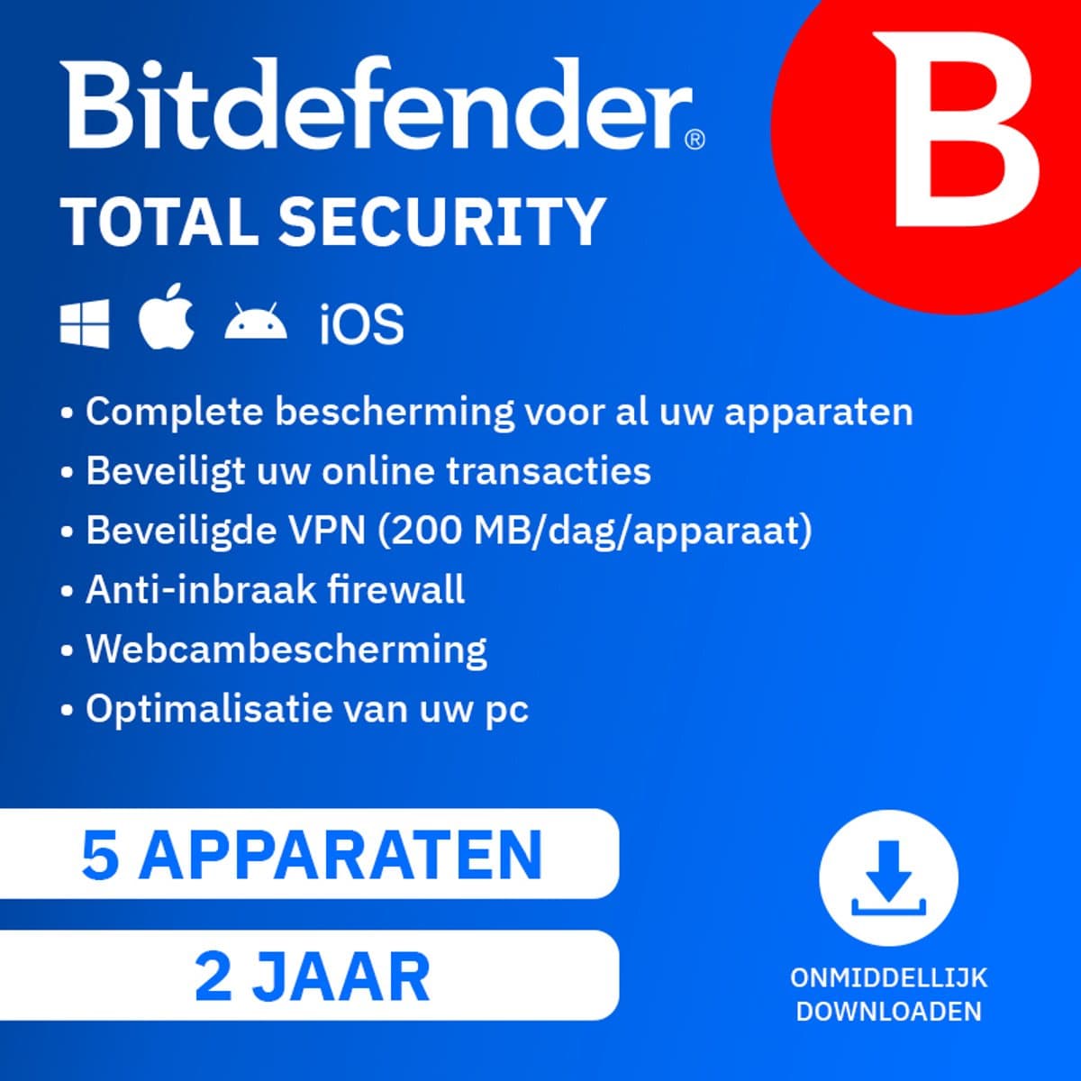 Bitdefender Total Security 2022 - 24 maanden/5 apparaten - Nederlands (PC/MAC)