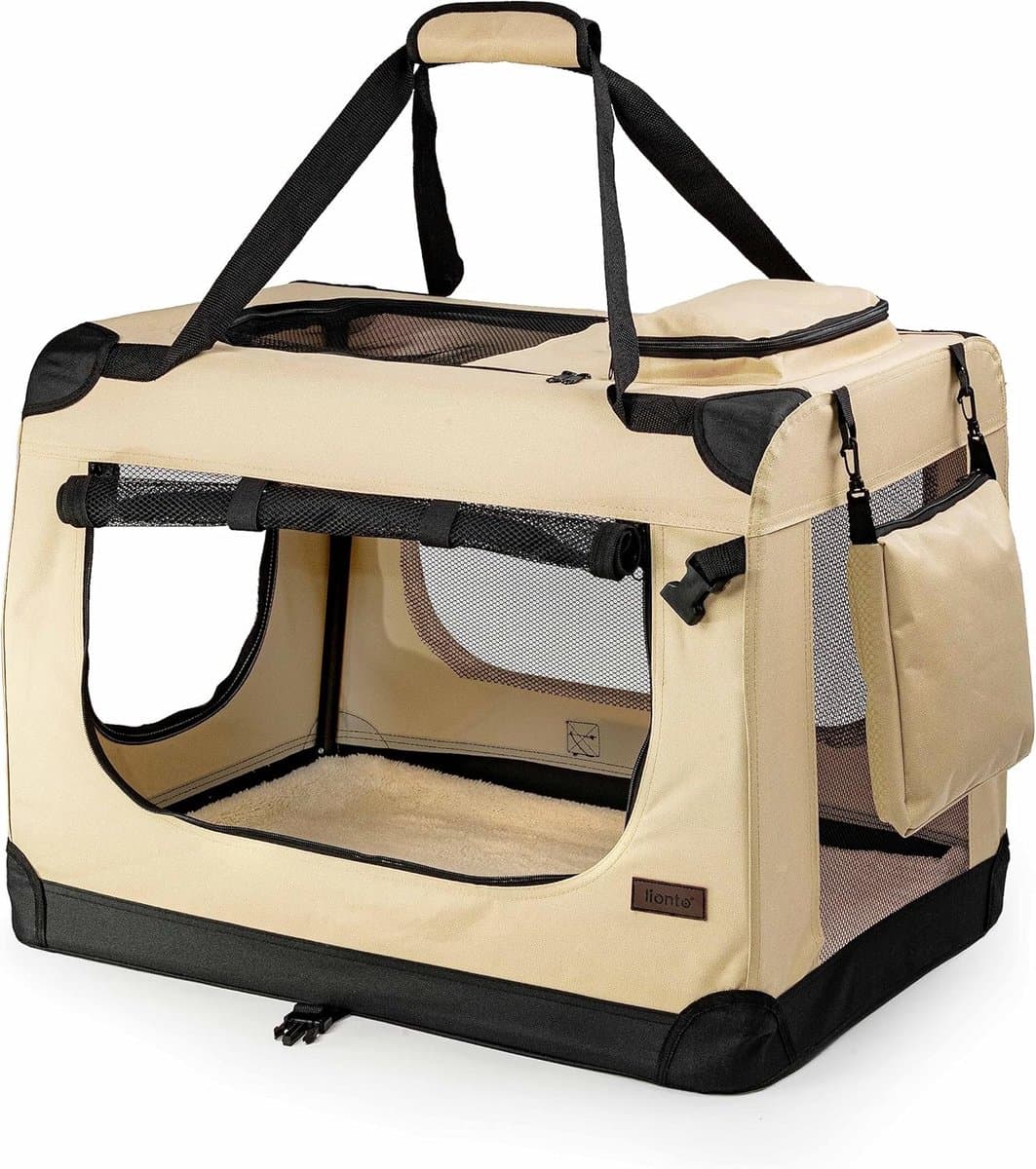 Hondentransportbox Opvouwbaar - Reisbox Huisdier - Veilig Vervoer - Ventilatie Mesh Panelen - 60x42x44 cm - Beige