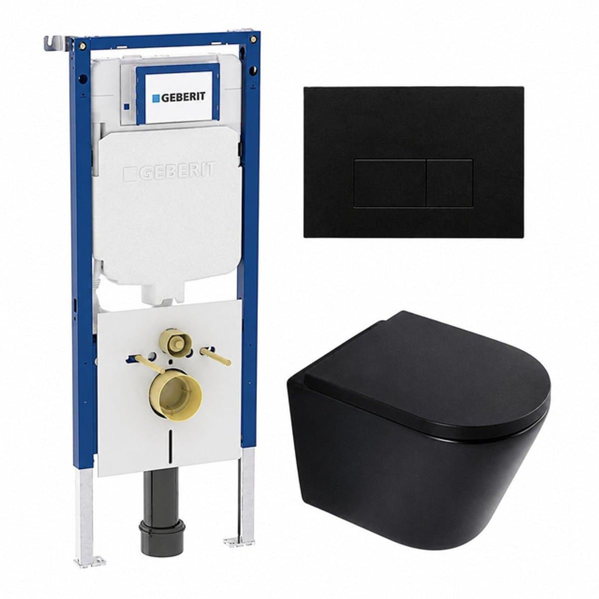 QeramiQ Dely Toiletset - 36.3x51.7cm - diepspoel - rimless - Geberit UP720 inbouwreservoir - softclose toilet zitting 35 mm - kunstof mat zwarte bedieningsplaat - rechthoekige knoppen - mat zwart