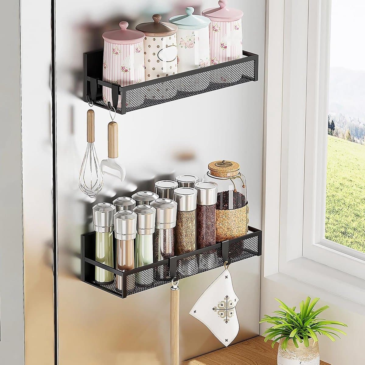 Magnetisch Kruidensysteem, 2 Stuks, Magnetische Kruidenset voor Koelkast, Keuken Organizer met 10 Plastic Haakjes voor Kruidensortering en Keukenorganisatie