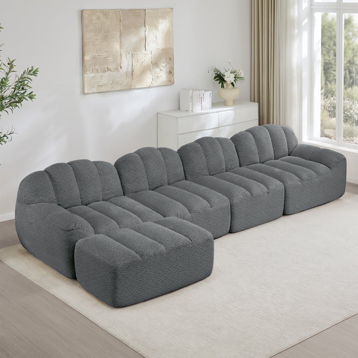 Wishdor Modulaire 4-Zits Hoekbank Met Ottoman - Diepe Zitting En Ergonomische Vorm - Voor Woonkamer - Zachte Fleecestof - Grijs