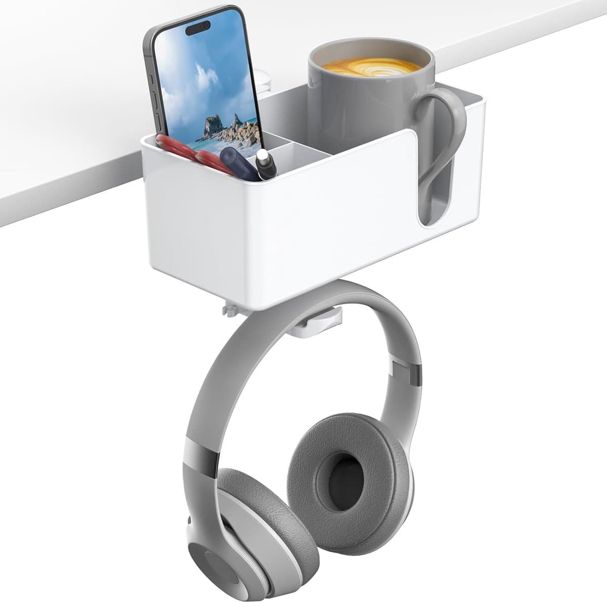StayPowered 4-in-1 Hoofdtelefoon & Bekerhouder - Houd Je Bureau Georganiseerd - 360° Draaibaar - Verwijderbare Opbergbox - Eenvoudige Installatie - Antislip Design - Kabelbeheer - Wit - Levering Sneller dan Aangegeven!