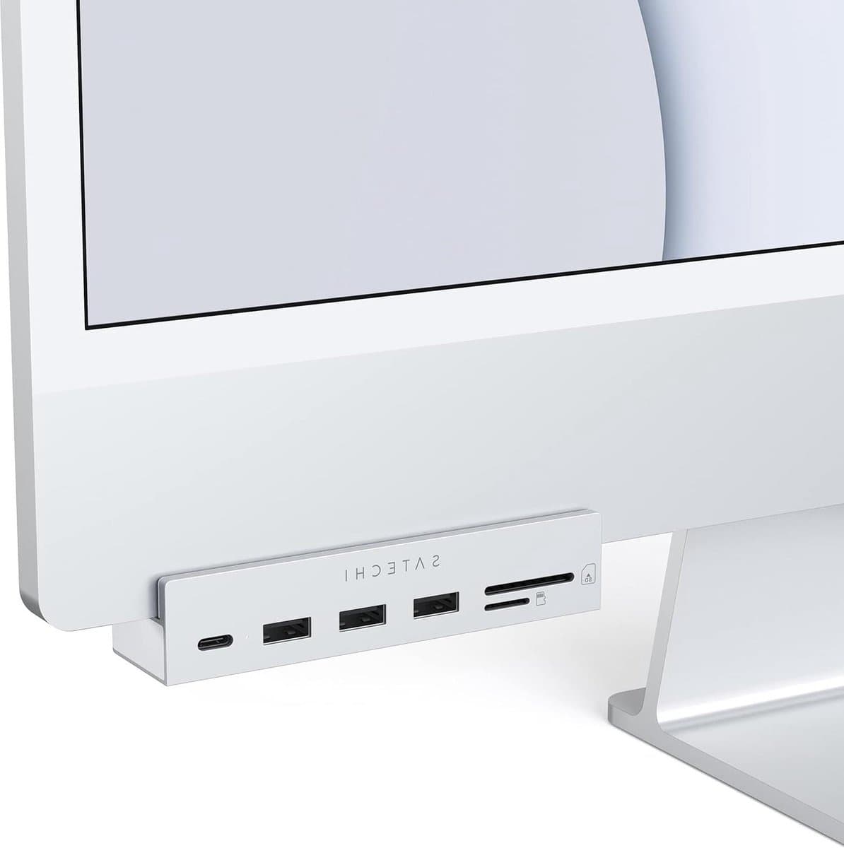 Klem Hub Met USB-C Datapoort En USB-A 3.0 - Data Micro-SD Kaartlezer - Voor Apple Studio Display En 2021 iMac M1 24-inch. Niet Geschikt Voor 2020 iMac En Eerdere Modellen (Zilver)