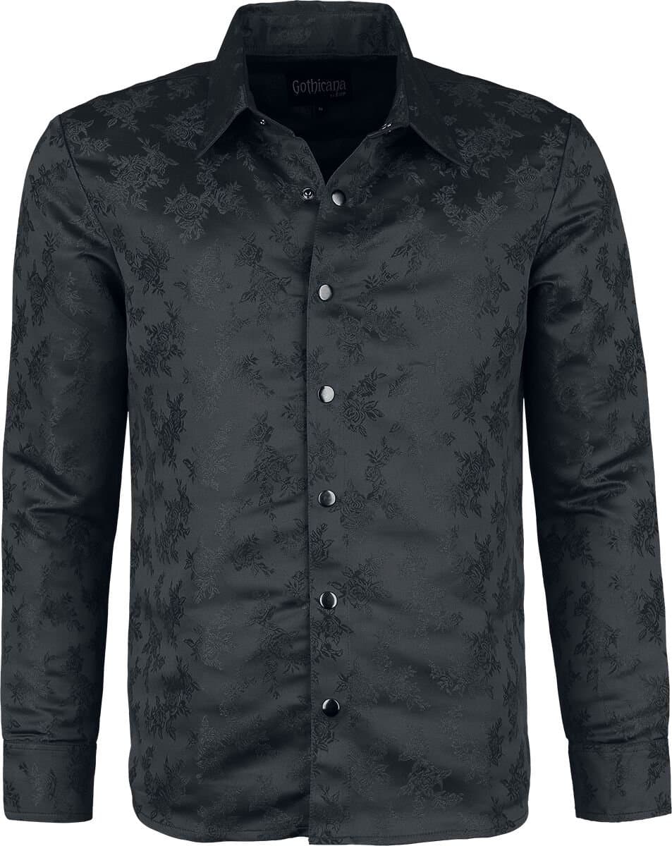 Gothicana zwart shirt met lange mouwen en allover rozenpatroon - Heren - L