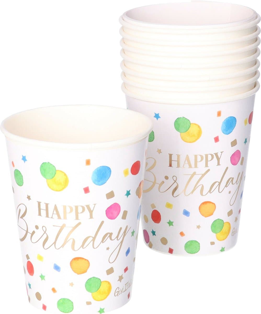 Givi Italia Feestbekers met hoesjes - 8x - happy-birthday - gespikkeld - papier - 250ml - wegwerpbekers - verjaardag