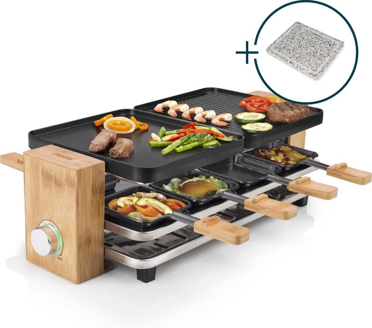 Princess gourmetstel 162955 Raclette en Steengrill Pure 8 Bamboe - Regelbare thermostaat - 1300W - 2 grillplaten en extra Steengrill - 8 pannetjes - 2 meter snoer - Parking deck voor ongebruikte pannetjes - Pasen