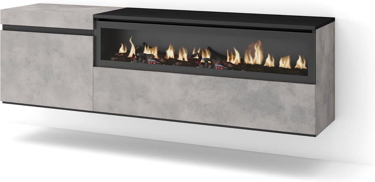 Zwevend TV Meubel met Elektrische Sfeerkachel - 150 cm Breed - Modern Cement Look