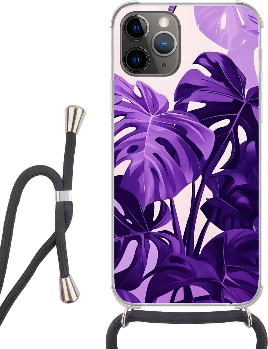 Telefoonhoesje Geschikt voor iPhone 12 pro crossbody - Bladeren - Paars - Tropisch - Abstract - Siliconen - Crossbody - Backcover met Koord - Telefoonhoesje met koord - Hoesje met touw Telefoonhoesje