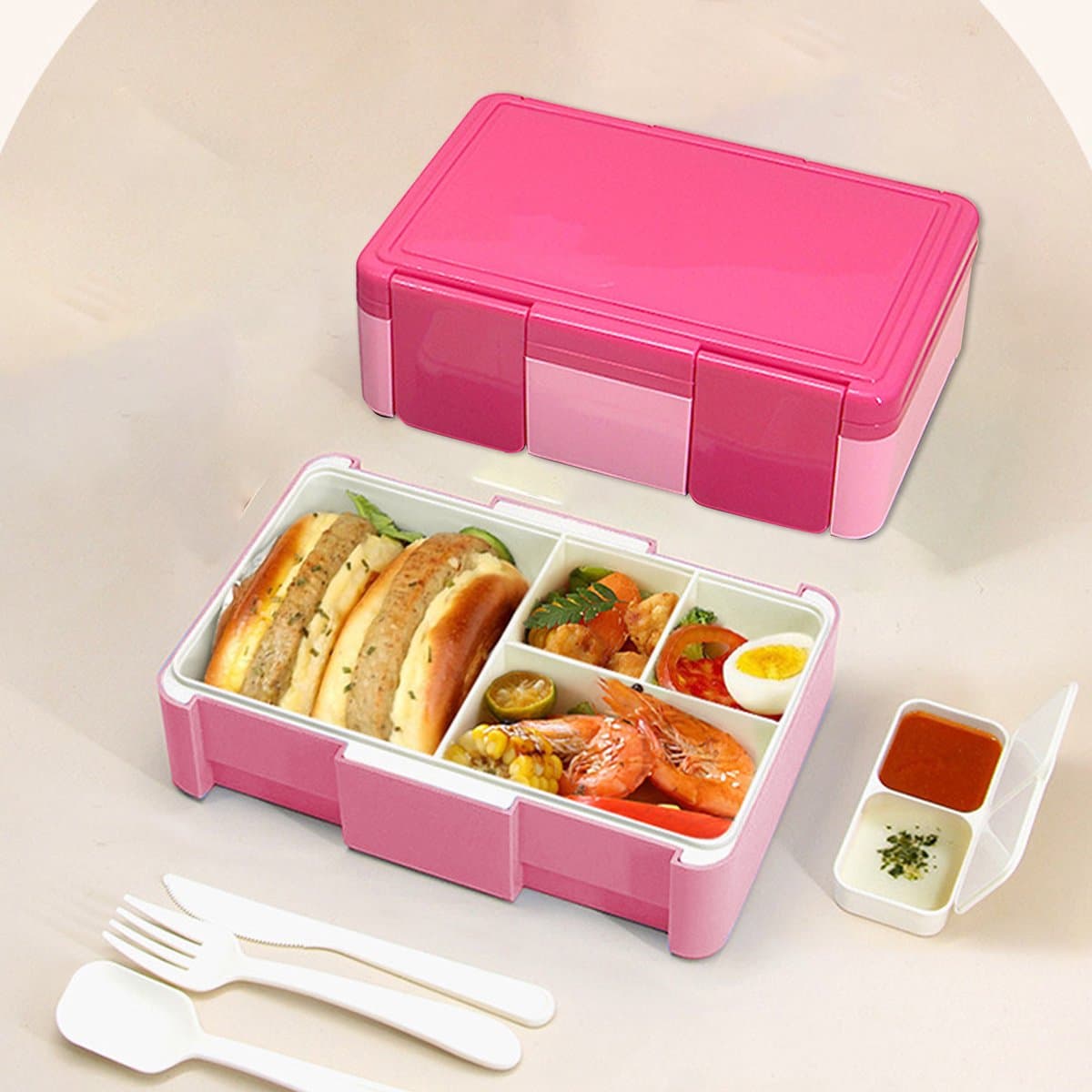 CHIWIN Lunchbox 1450ml – Bento Broodtrommel Met 4 Vakken – Inclusief Bestek & Sausbakje – Lekvrij & BPA-Vrij