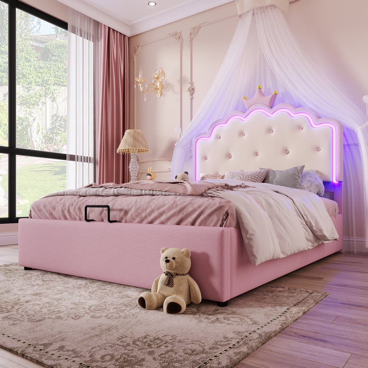 STILVORA Gestoffeerd Bed 140x200 cm – Kinderbed Met Kroontje & LED – Hydraulische Opbergruimte Met Lattenbodem Zonder Matras – PU – Roze