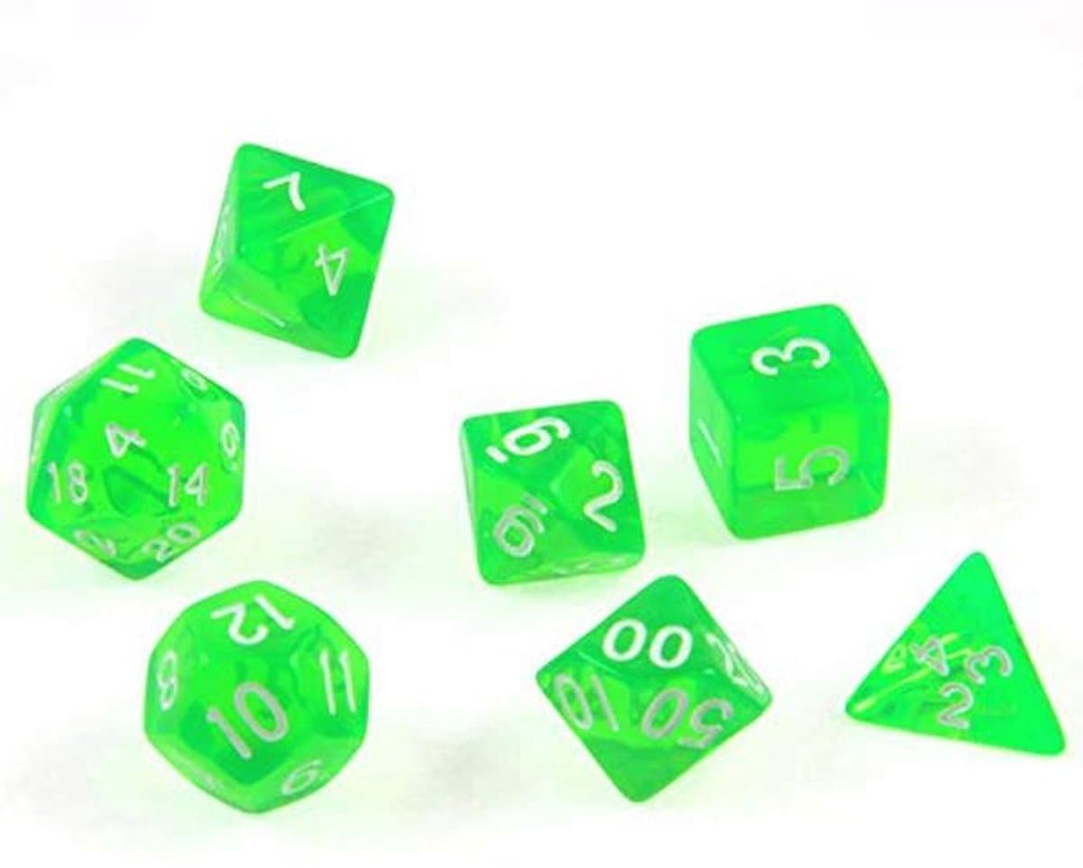 Polyedrische dobbelstenen set voor tabletopspellen in transparant/groen met opbergtas