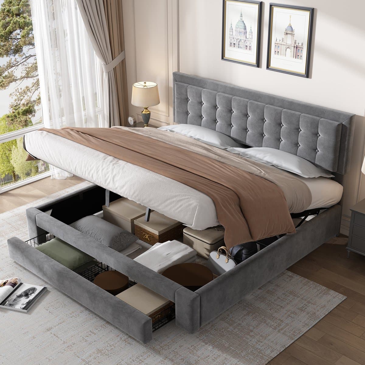 STILVORA Tweepersoonsbedden 180x200 cm - Gestoffeerd Bed Met Lattenbodem - Dubbelbed Met Extra Opbergruimte - Fluweel - Grijs