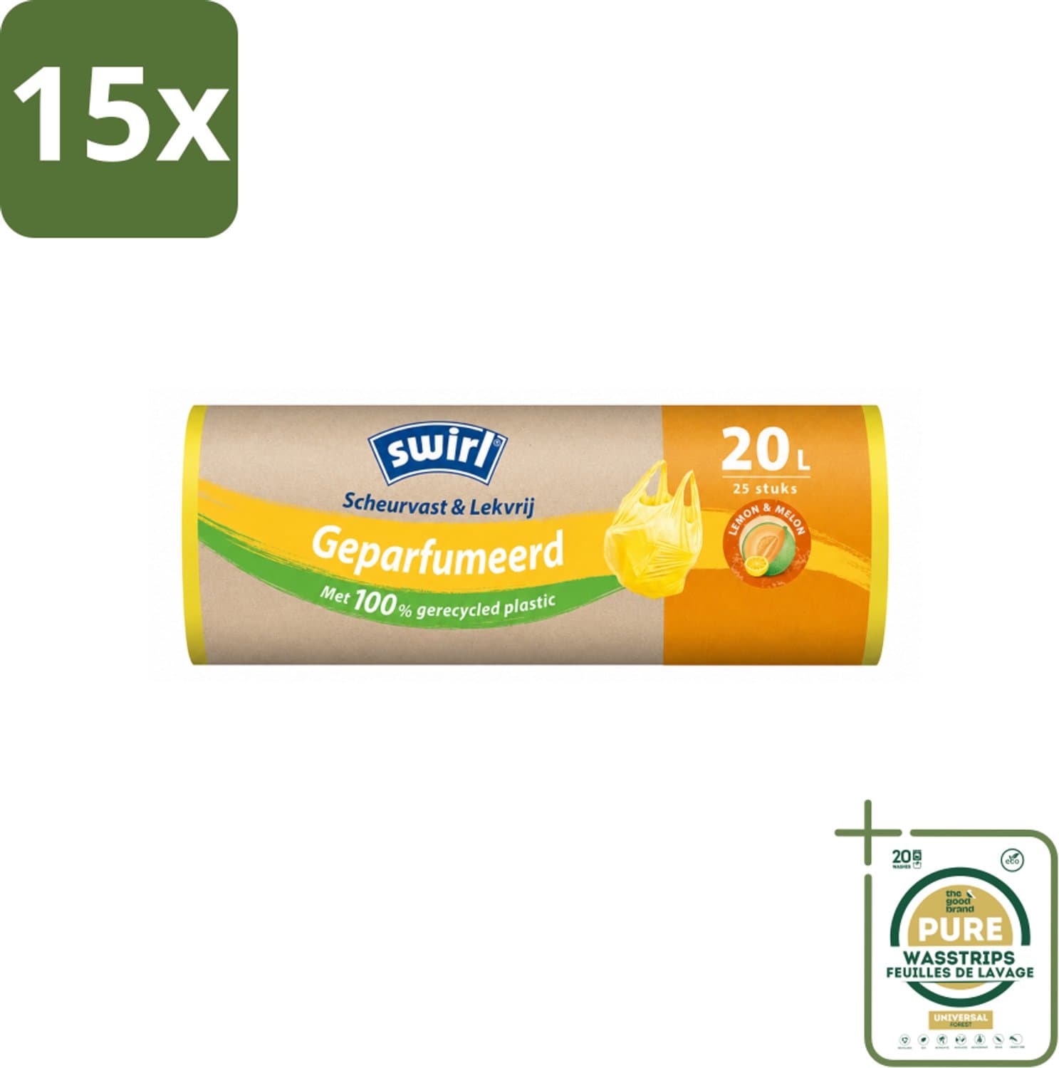15 x Swirl – Vuilniszakken 20 L – Handvat – Lemon & Melon Geparfumeerd – 25 zakken - Wasstrips - Vuilniszak 20 L - Geparfumeerde Emmerzak - Citroen-meloen Geur - Emmerzak Met Handvat - Gerecycled HDPE