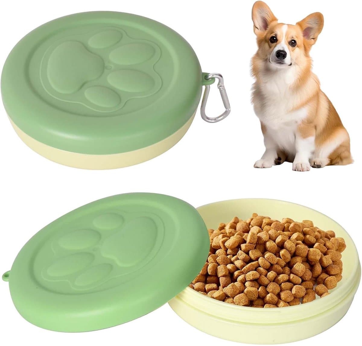 Bak voor honden en katten, waterkom van kunststof, draagbare reiskom met deksel en karabijnhaak voor honden, katten en huisdieren voor reizen en kamperen, 380 ml (groen)