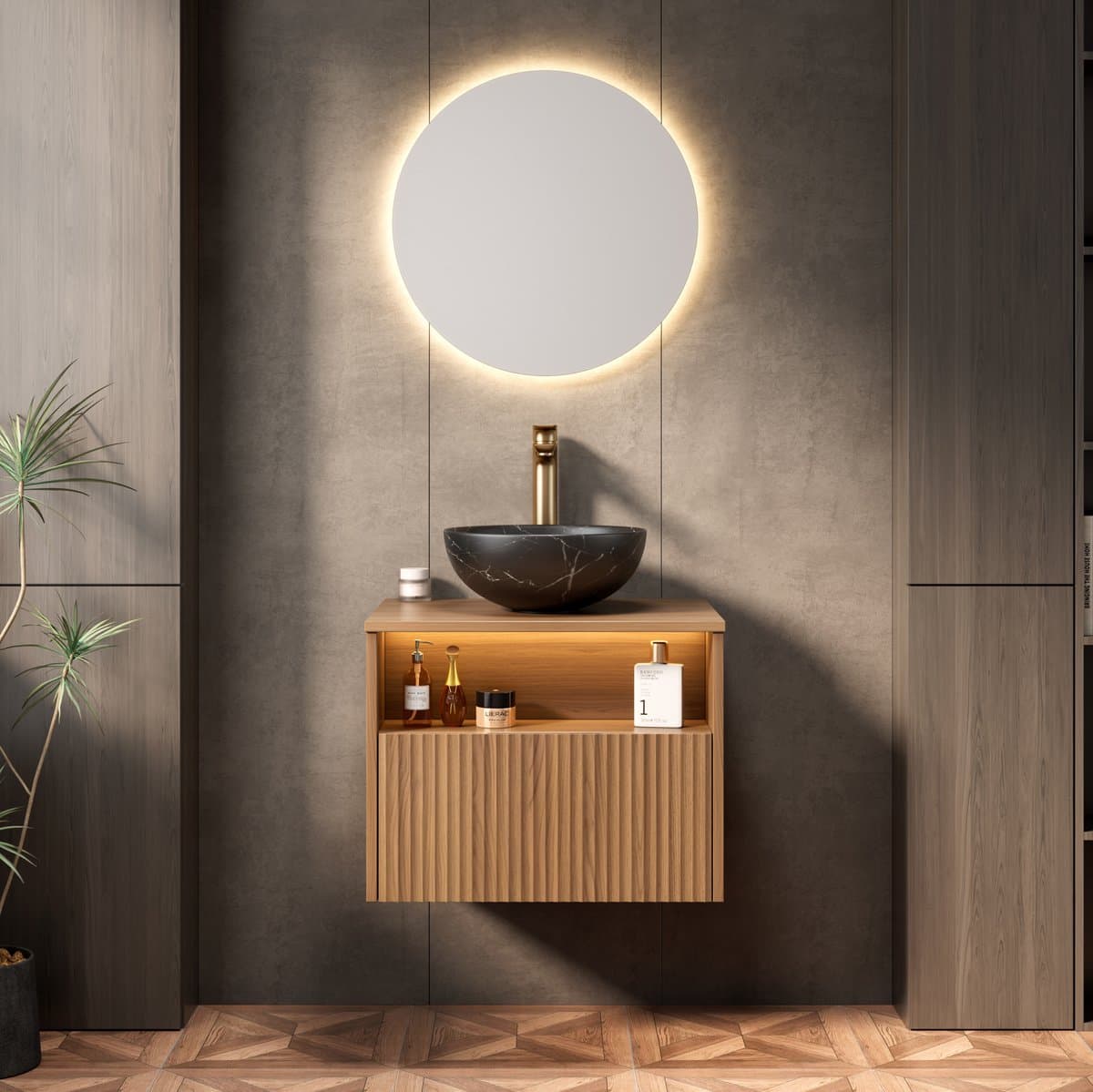 COVREO Badkamer wastafelmeubel 60x46x60,8 cm zwart, eikenhoutlook, keramiek, met lade