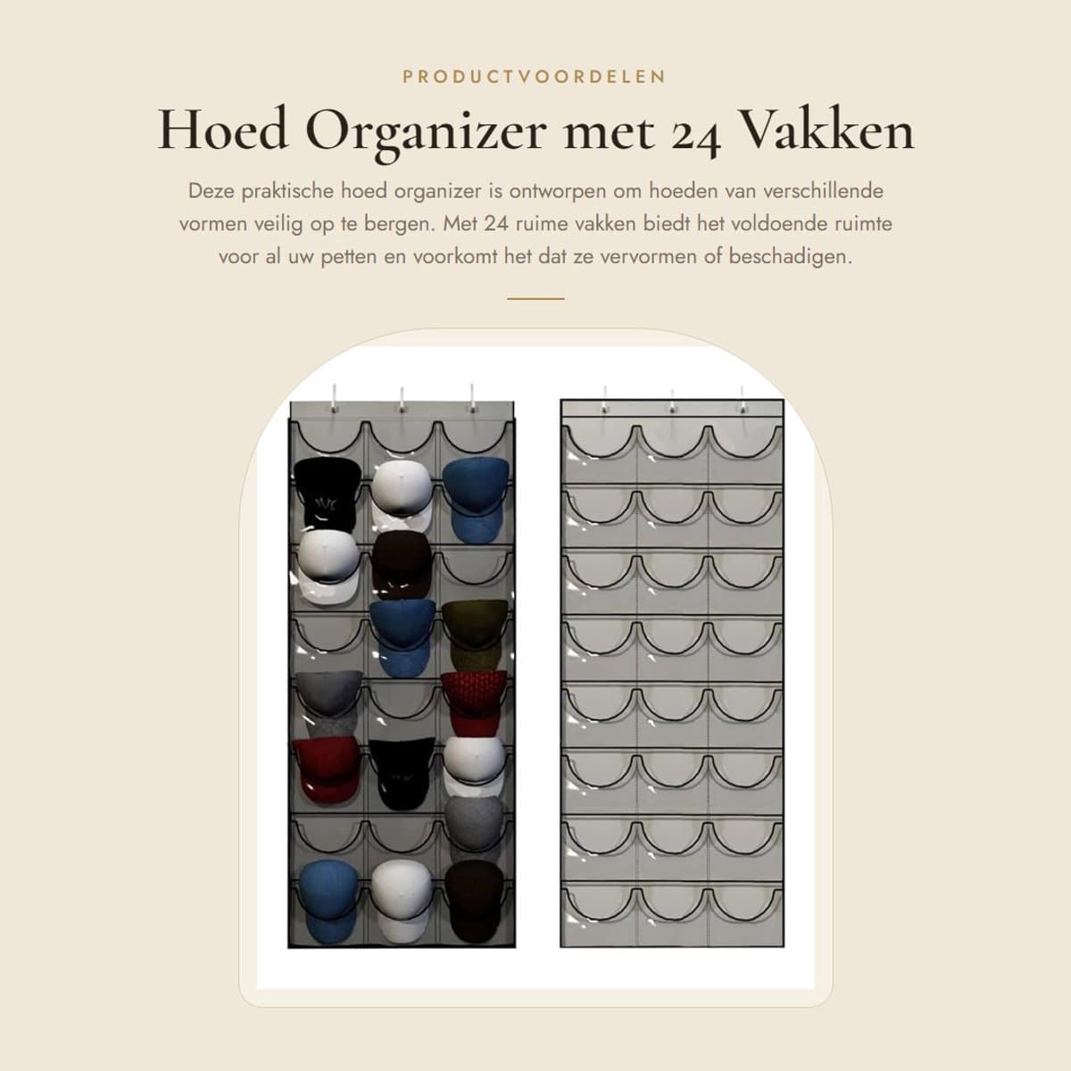 Dailygoods- Pet Organizer - Hangende Hoed Organizer - 24 Vakken - Geschikt voor Diverse Hoeden - Ruimtebesparend - Voorkomt Beschadiging - Hoedenrek