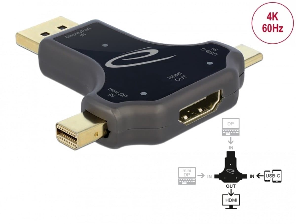 Delock 3 in 1 Monitor Adapter with USB-C™ / DisplayPort / mini DisplayPort in to HDMI out with 4K 60 Hz