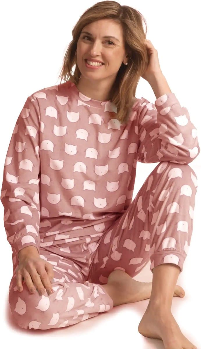 Cocodream Quality Cocodream micro velours dames pyjama - Cats - Warme winter fleece pyjama dames - Roze / XL