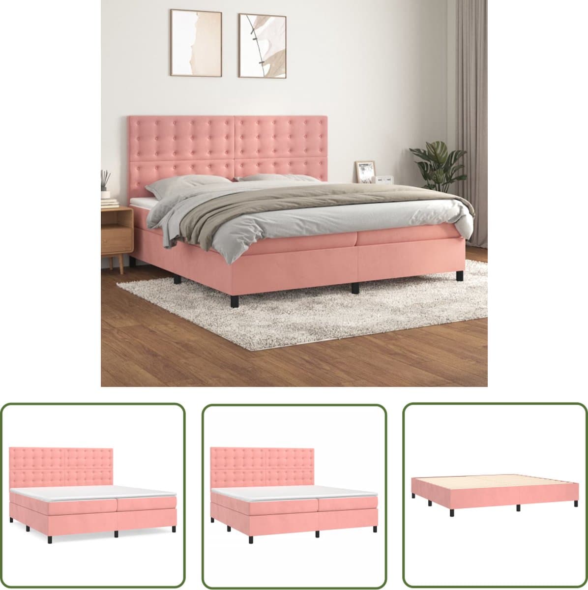 vidaXL - Boxspring - met - matras - fluweel - roze - 200x200 - cm