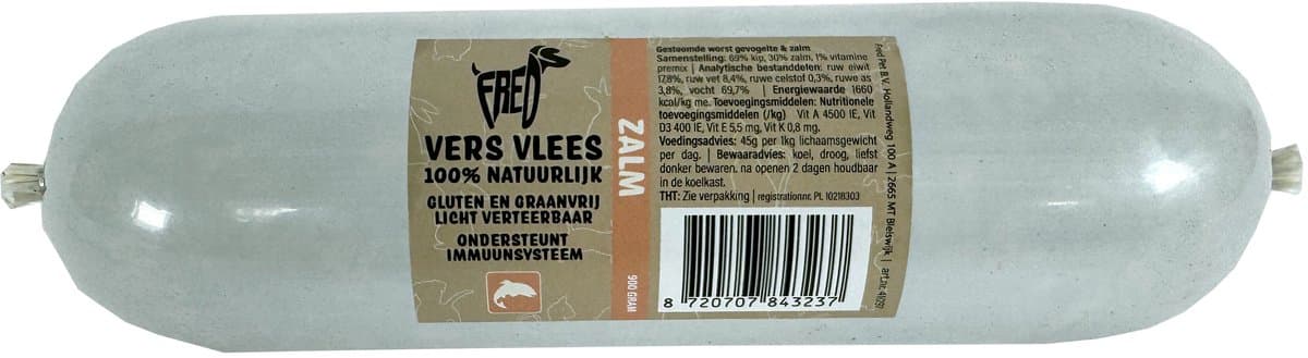 Freds Vers Vlees Worst Zalm 900gr - Glutenvrij, Tarwevrij - Ondersteunt Immuunsysteem