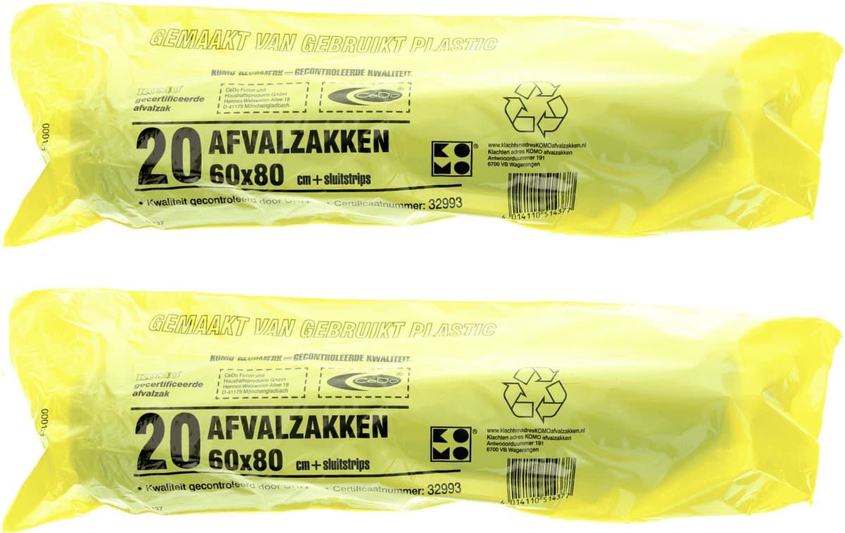 Komo Vuilniszakken - 40x stuks - 50L - afvalzak - extra stevig - lekvrij - gerecycled plastic - incl sluitstrips