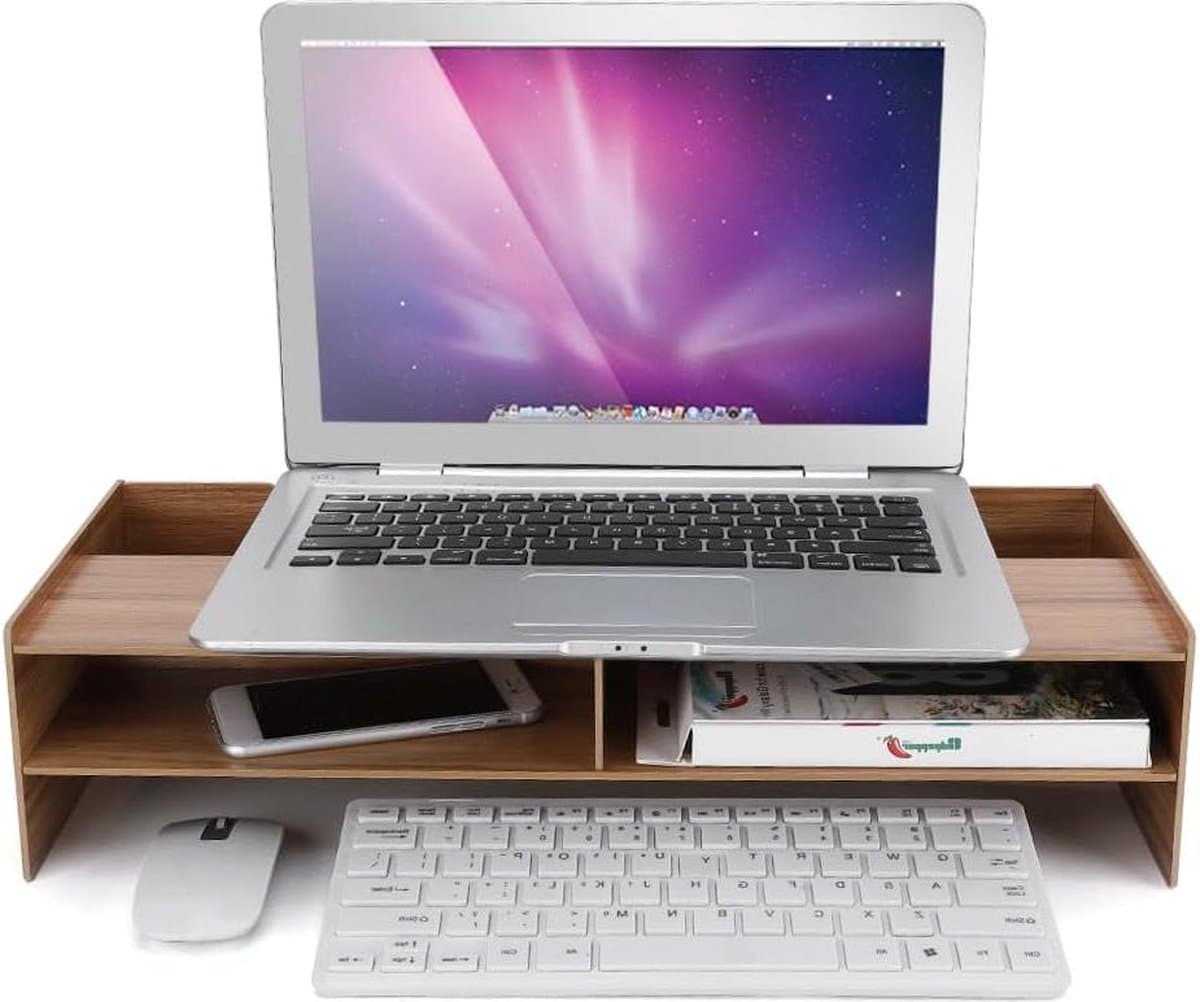 Houten Multifunctionele Bureau-organizer - Verhoogt Scherm - Laptop Notebookmonitor Stand - DIY Stijl - Stiksels - Kersenhout