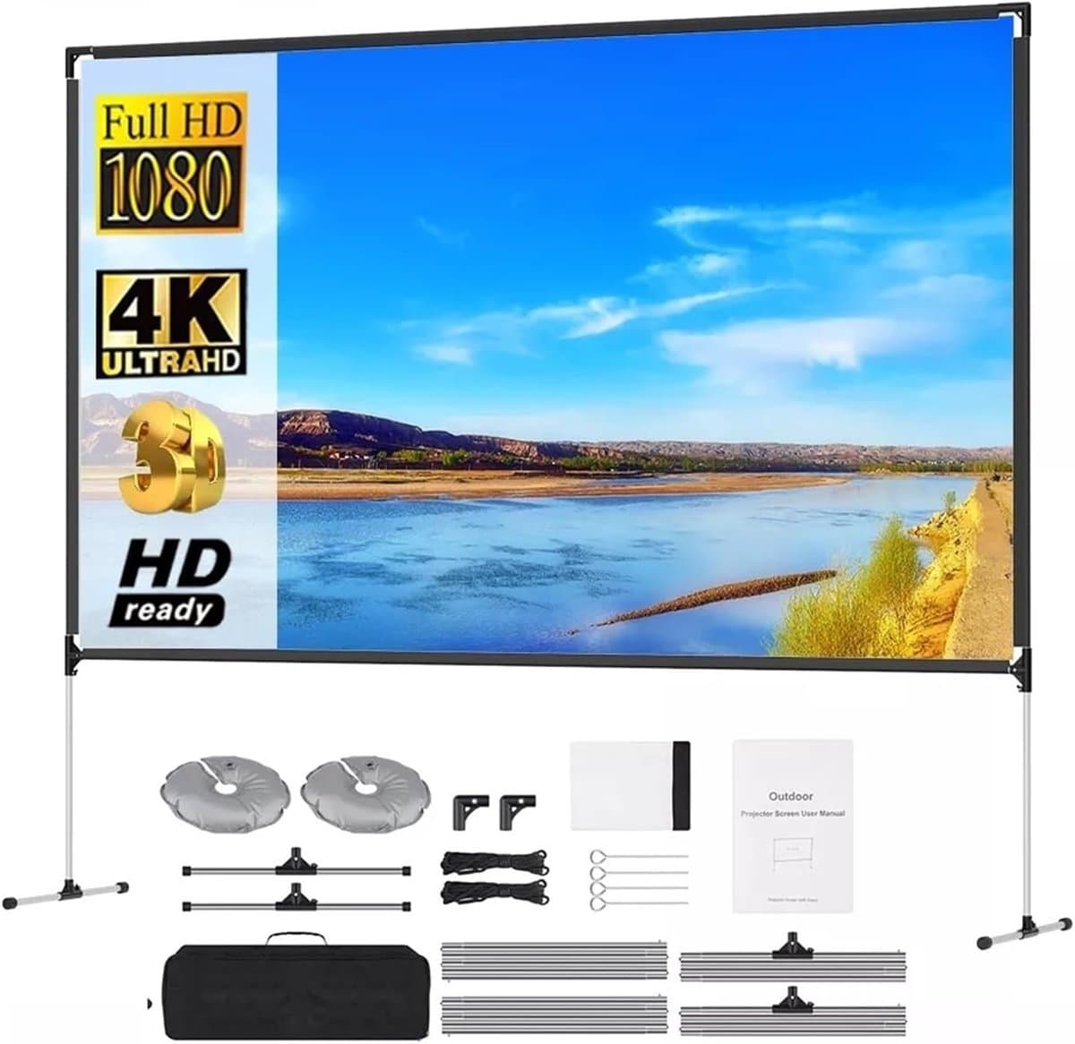 Projectiescherm - Draagbaar Scherm - Buiten Films Kijken - Inclusief Standaard - 100 Inch 16:9 - Mat Wit