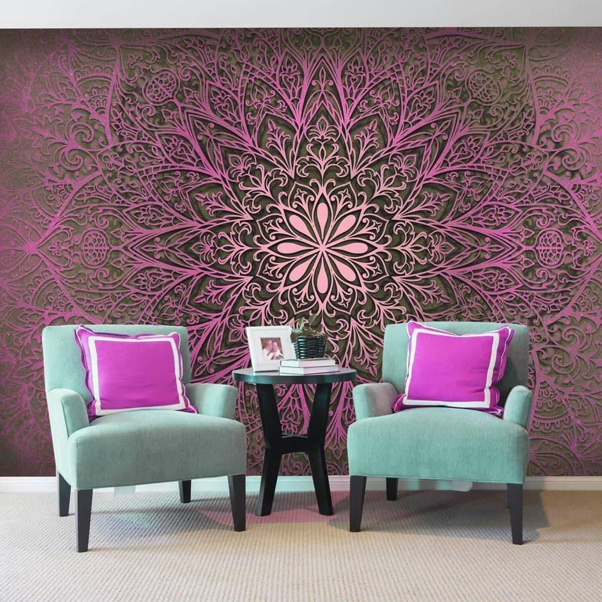 350cm X 245cm - Fotobehang - Mandala van liefde , roze zwart