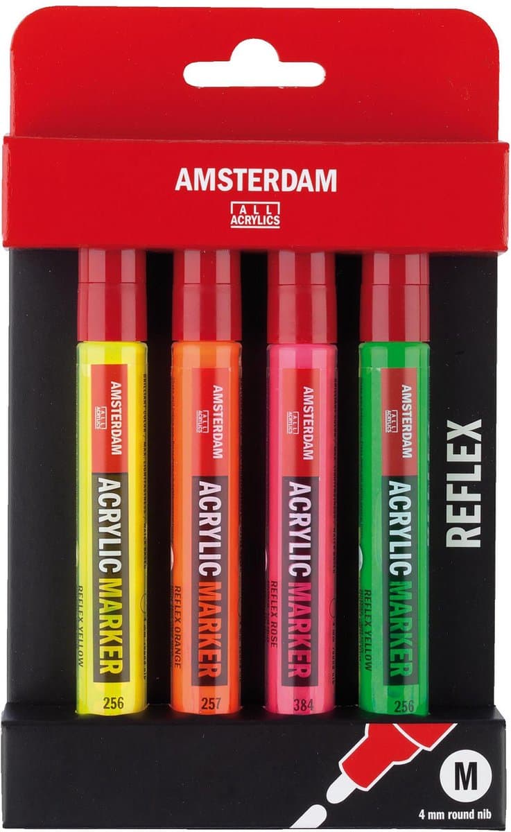 Markers M set 4 reflex kleuren 4 mm (reflexgeel, reflexoranje, reflexrose, reflexgroen)