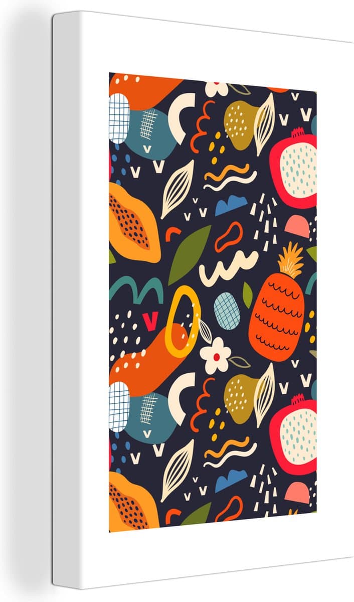 Canvas Schilderij Fruit - Ananas - Papaya - Bloemen - Eten - 60x90 cm - Wanddecoratie
