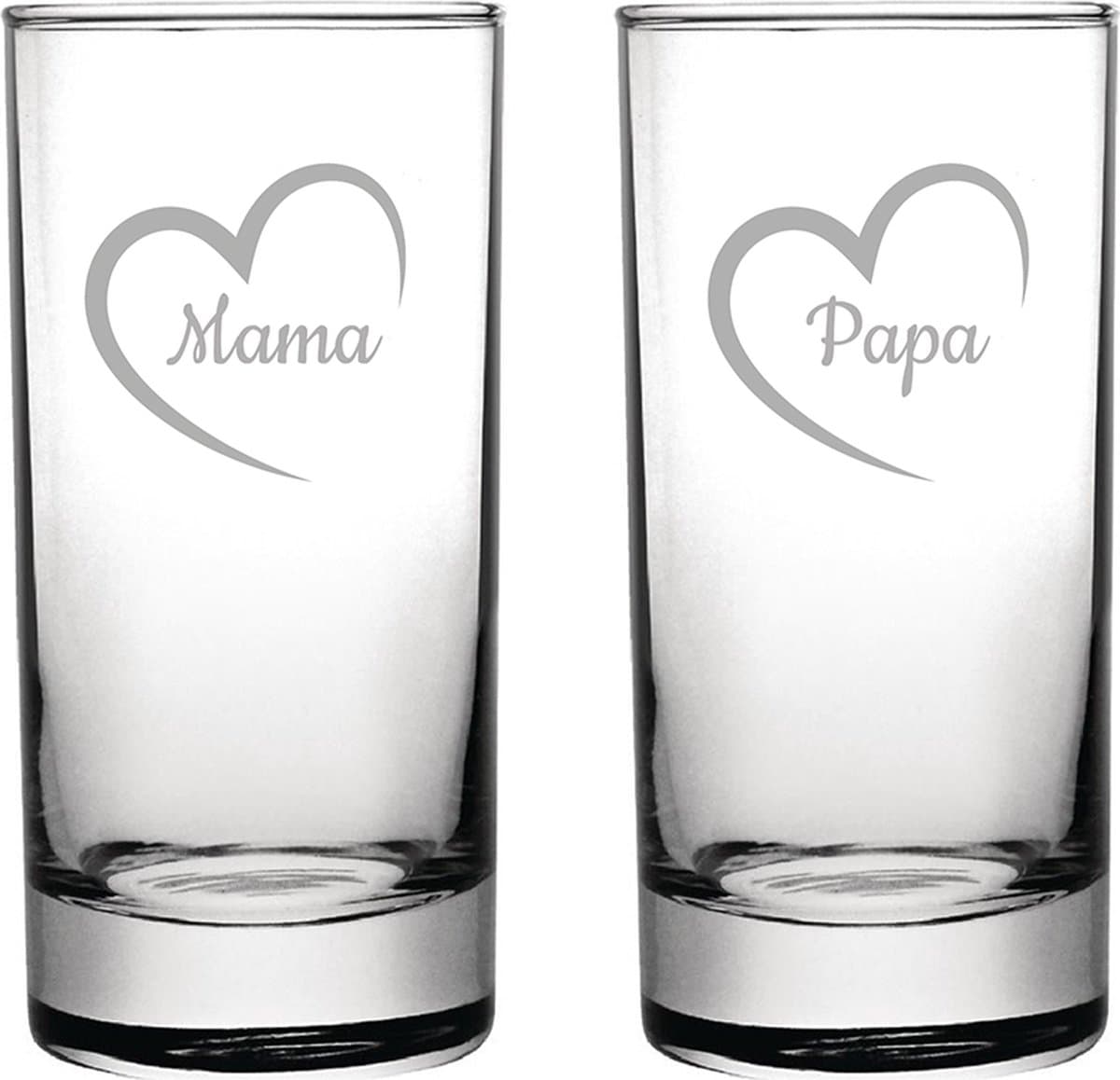 Gegraveerde longdrinkglas 28,5cl Mama met hartje & Papa met hartje