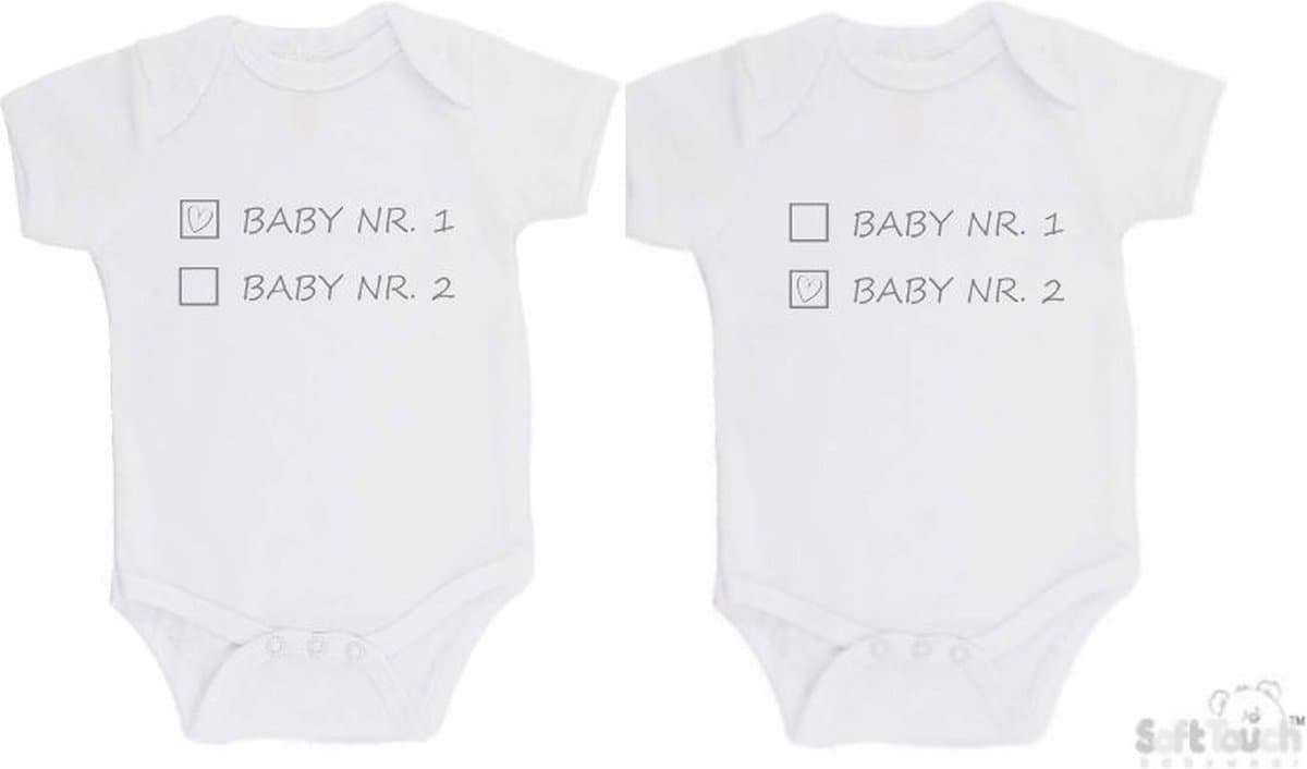 100% katoenen Rompers 2-pack "Baby nr. 1 & Baby nr. 2" Unisex Tweeling Katoen Wit/grijs Maat 62/68
