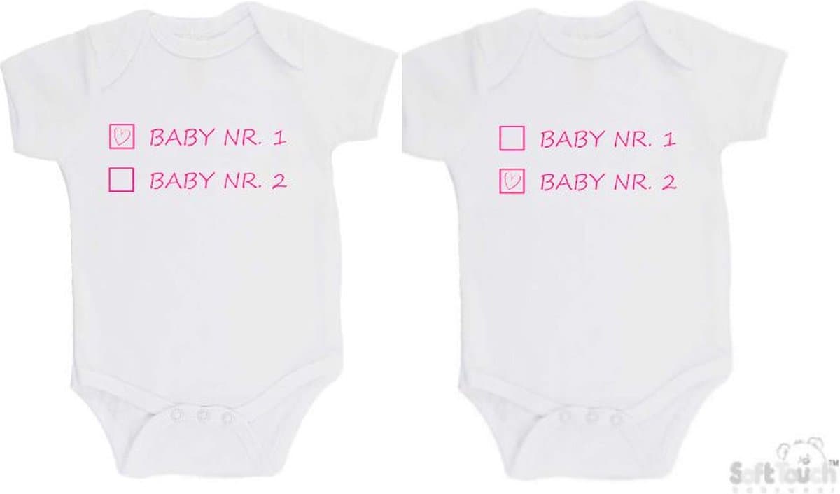 100% katoenen Rompers 2-pack "Baby nr. 1 & Baby nr. 2" Meisjes Tweeling Katoen Wit/roze Maat 62/68