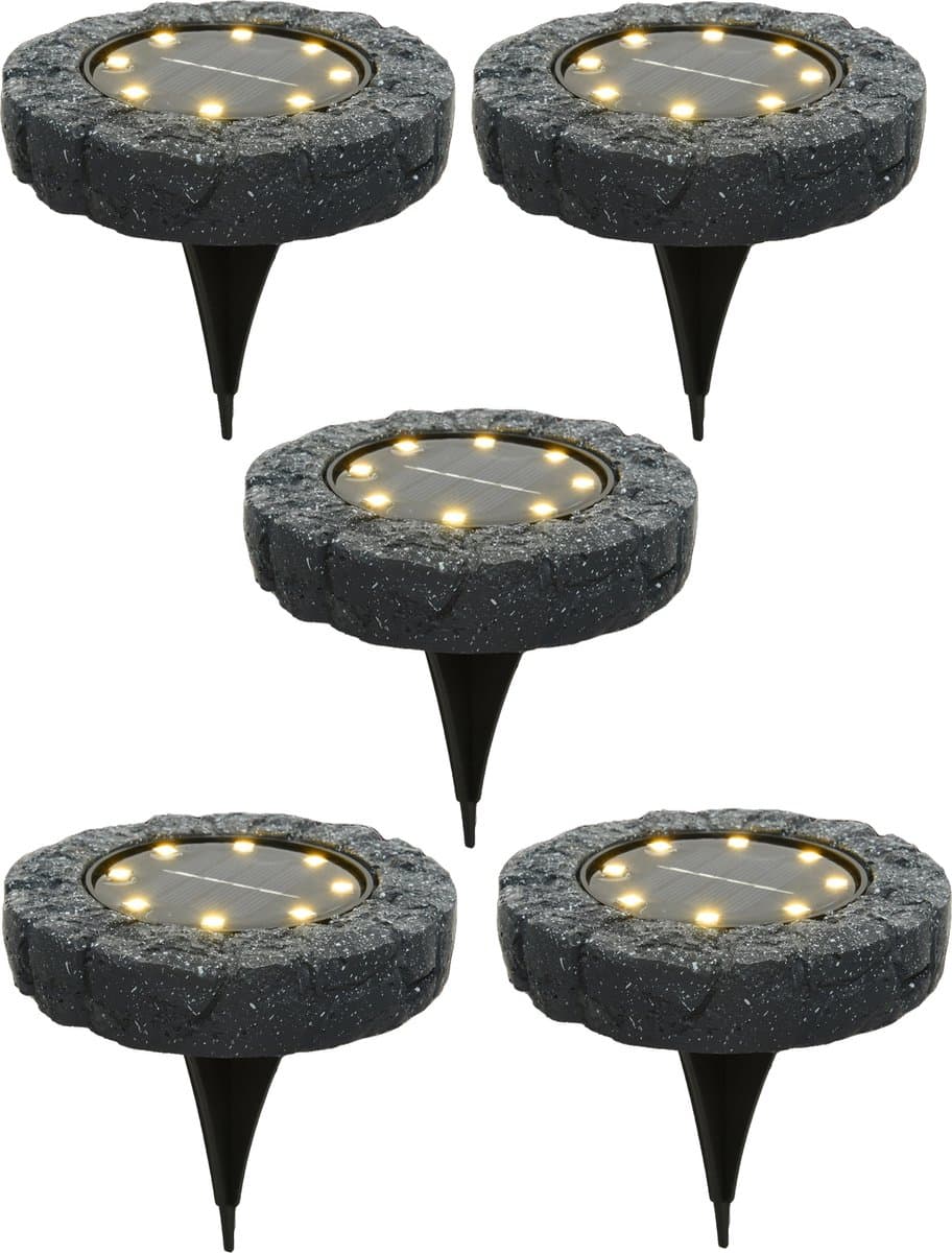 Lumineo Solar grond prikspot/tuinspot - 5x - LED - kunststeen - steengrijs - warm wit - 11 x 2 cm