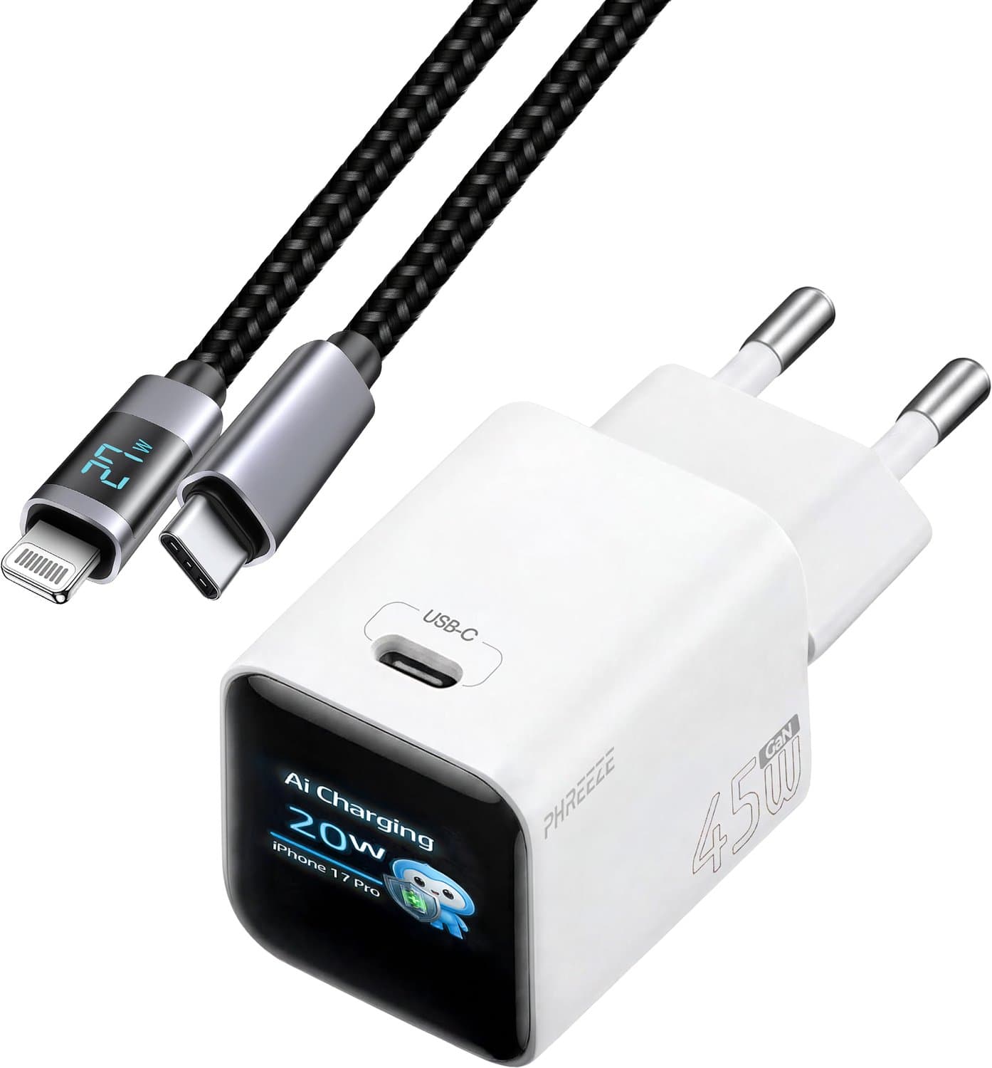 Phreeze - Oplader geschikt voor iPhone 14/13/12/11 + Lightning Kabel- 45W USB C Snellader - Eco, Ai & Super Mode - 1 Meter
