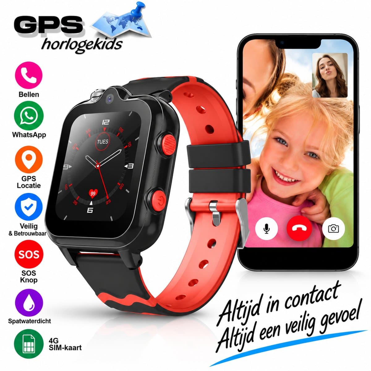 GPSHorlogeKids© - GPS horloge kind - smartwatch kinderen - WhatsApp - 4G videobellen - spatwaterdicht - SOS alarm - Dual Camera - gezichtsherkenning - incl. SIM - DUO Zwart