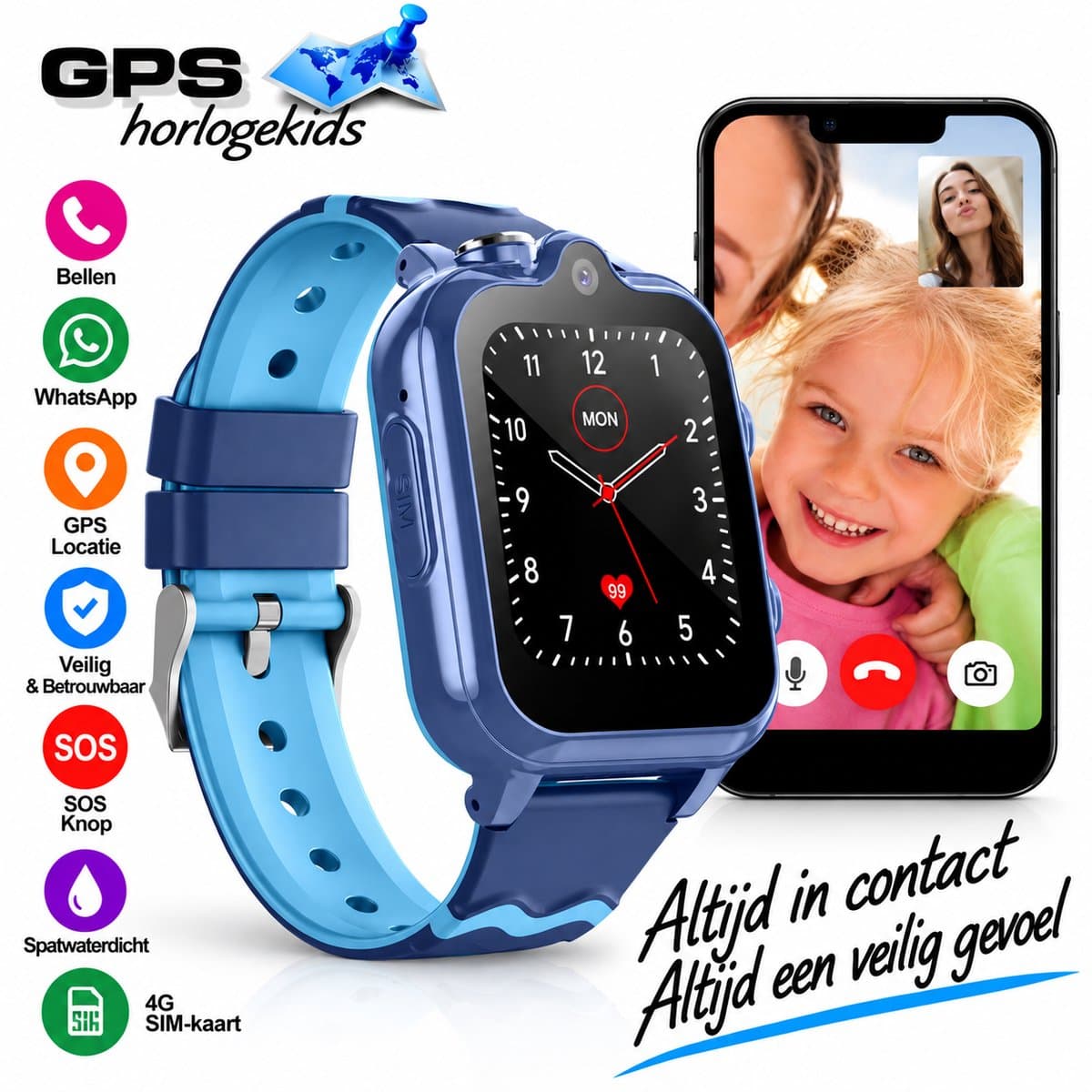 GPSHorlogeKids© - GPS horloge kind - smartwatch kinderen - WhatsApp - 4G videobellen - spatwaterdicht - SOS alarm - Dual Camera - gezichtsherkenning - incl. SIM - DUO Blauw