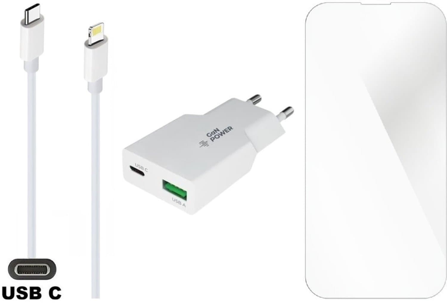 45W super snellader met 2 poorten en screenprotector + 1,2m USB C naar Lightning kabel. Universele PD PPS lader. Compacte GaN oplader adapter. Glazen screenprotector past op Apple iPhone 12 Pro Max