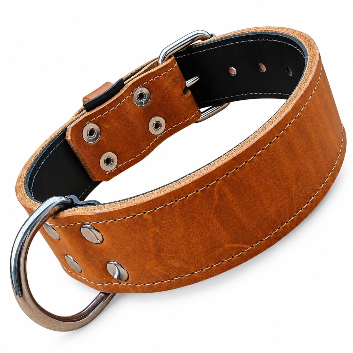 K9 World, honden halsband, cognac bruin leder, dubbel gestikt, 4cm breed, 50-60cm
