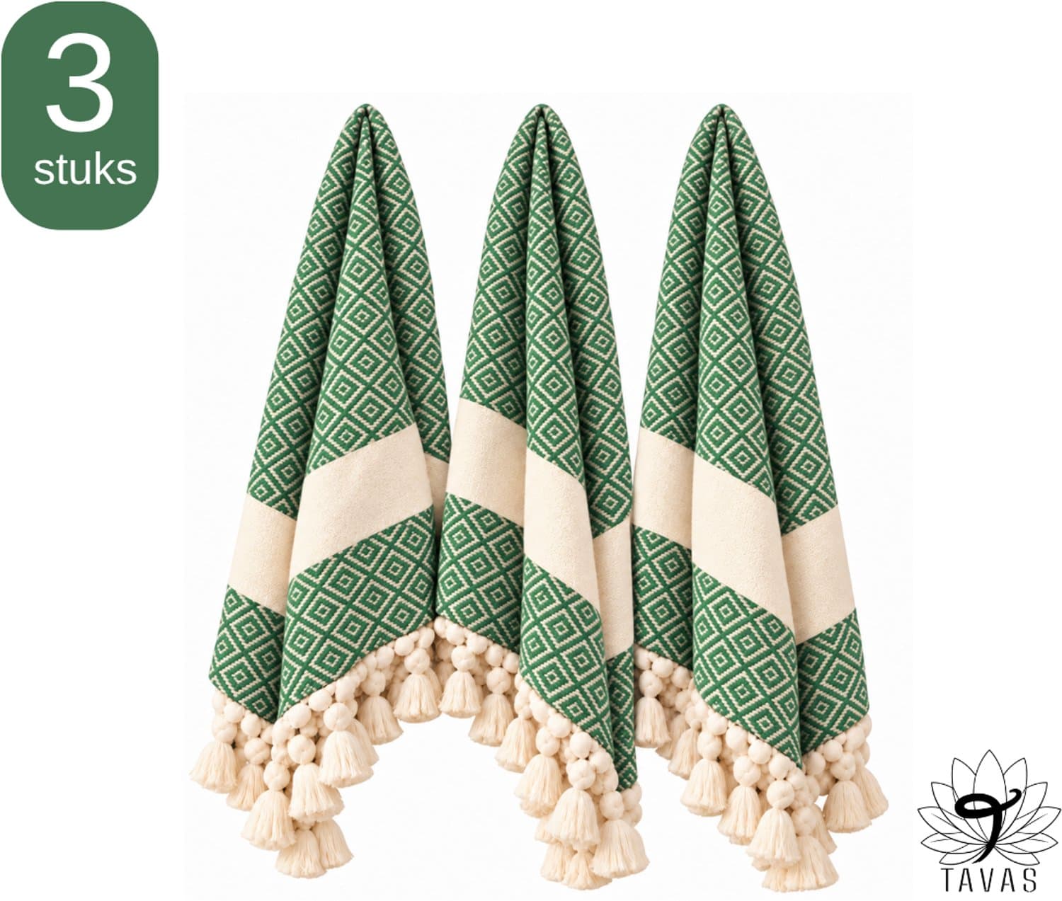 TAVAS Theedoeken & Keukendoeken Set – 3 x 50x90cm – Groen - 100% Katoen – Wafelstructuur – Sneldrogend – Zachte Handdoeken voor Keuken