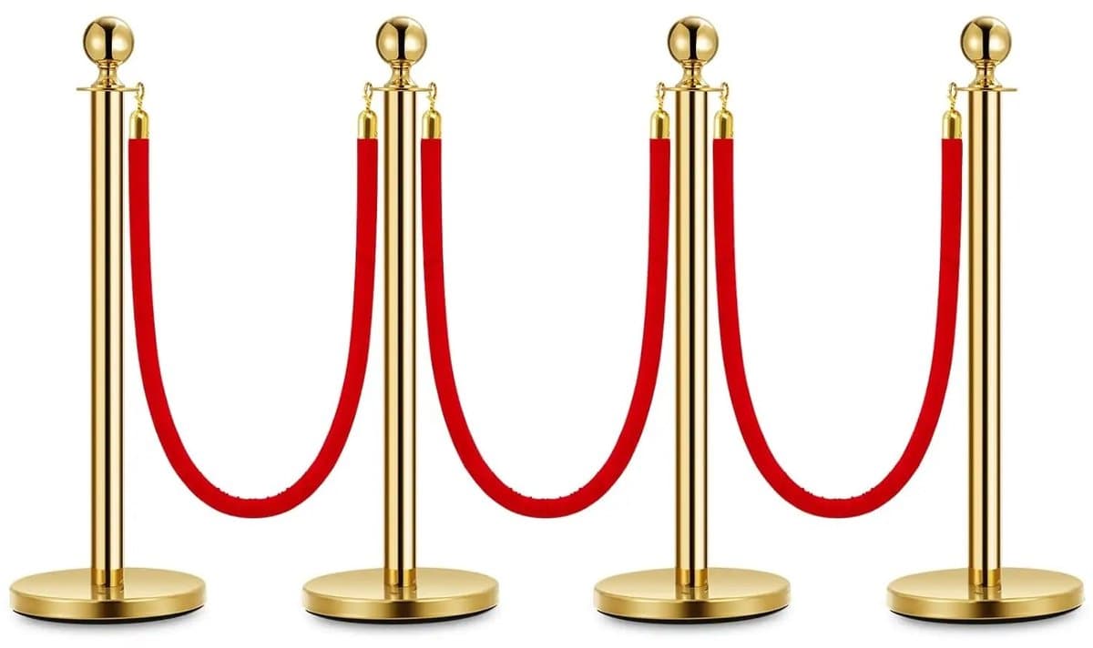 Brandistry - Fluwelen Palen - Fluwelen Wachtrij Barrièrepalen - Rodeloper - Roestvrijstalen Palen Met Fluwelen Touw - Rood - Goud