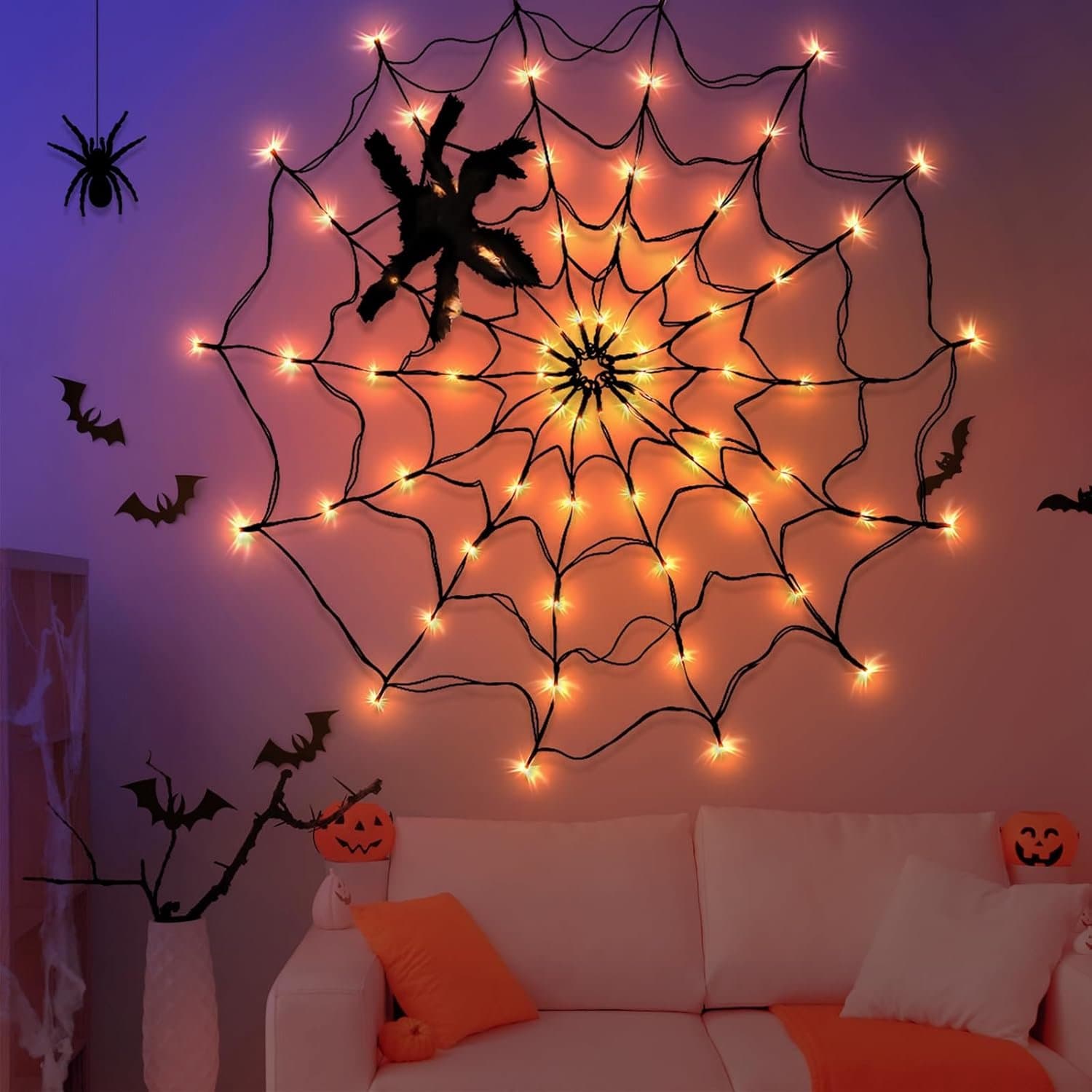 Halloween lichtslinger - Spinnenwebverlichting - 70 LED-lampjes - Met afstandsbediening - Diameter 1,2 m - Geschikt voor feestjes, spookhuizen, ramen en muren