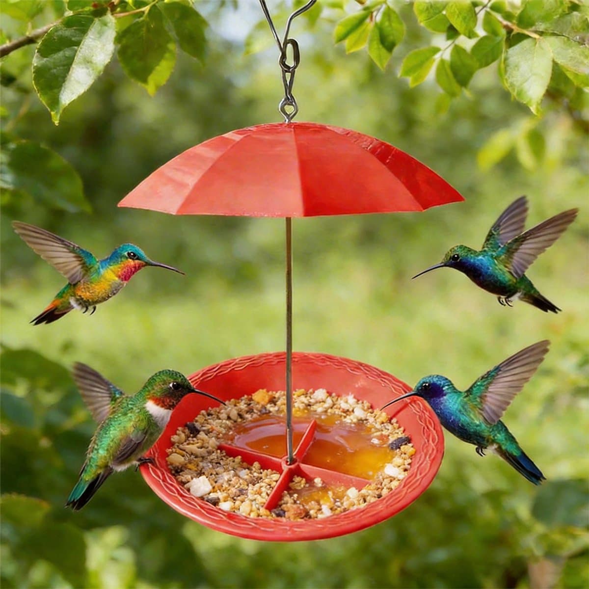 YAGXIG Kolibrievoeder - Vogelvoeder voor buiten - Hangende vogelvoeder met zonnescherm - Regenbestendige vogelkom - Geschikt voor tuinkolibries en kleine vogels - Hangende vogelvoeder voor buiten - Waterdicht en vochtbestendig - Rood