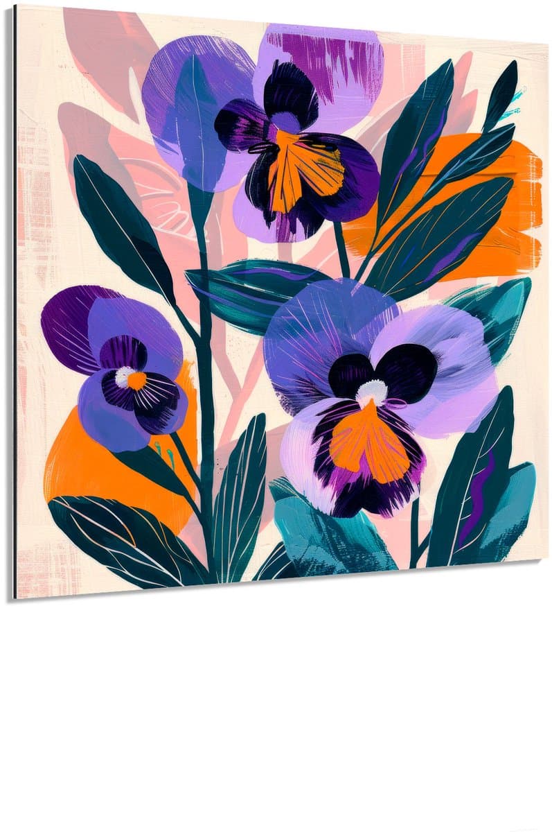 Paarse bloemen oranje blad - Schilderij 60x60 cm - Wanddecoratie op Aluminium Dibond - Aluminium Wandpaneel