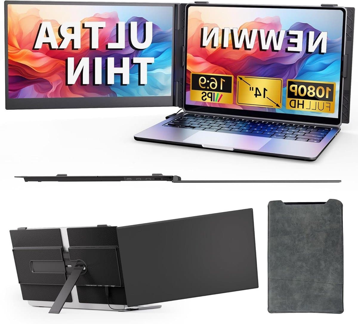 Dubbel laptop scherm - Uitbreiding monitor - Multitasken op reis - Ultradun aluminium ontwerp - 14 inch FHD - Zwart