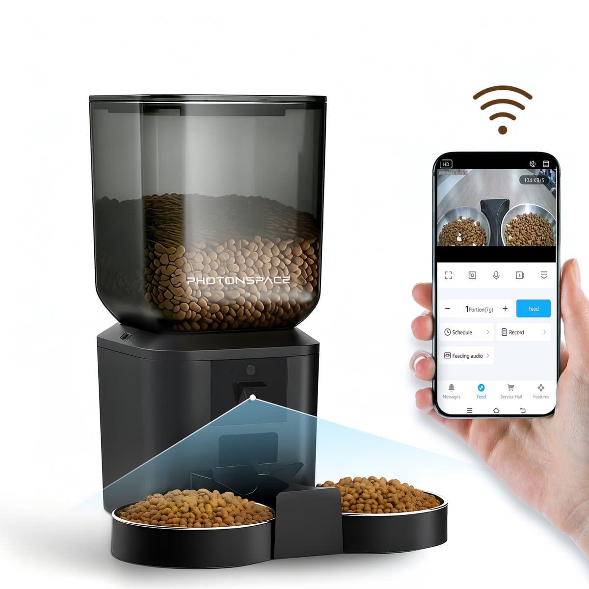 Photonspace Automatische Voerbak 7L – Dubbele RVS Bakken – Kat & Hond – Full HD 1080P Camera Nachtzicht – Twee-weg Audio – WiFi App – Voerschema Instellen