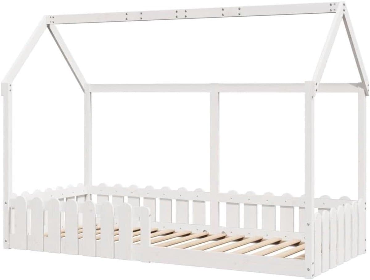 Bedhuis Hout - Kinderbed Huisje - Spelen en Slapen - Laag Bodembed - 90x190 cm - Wit