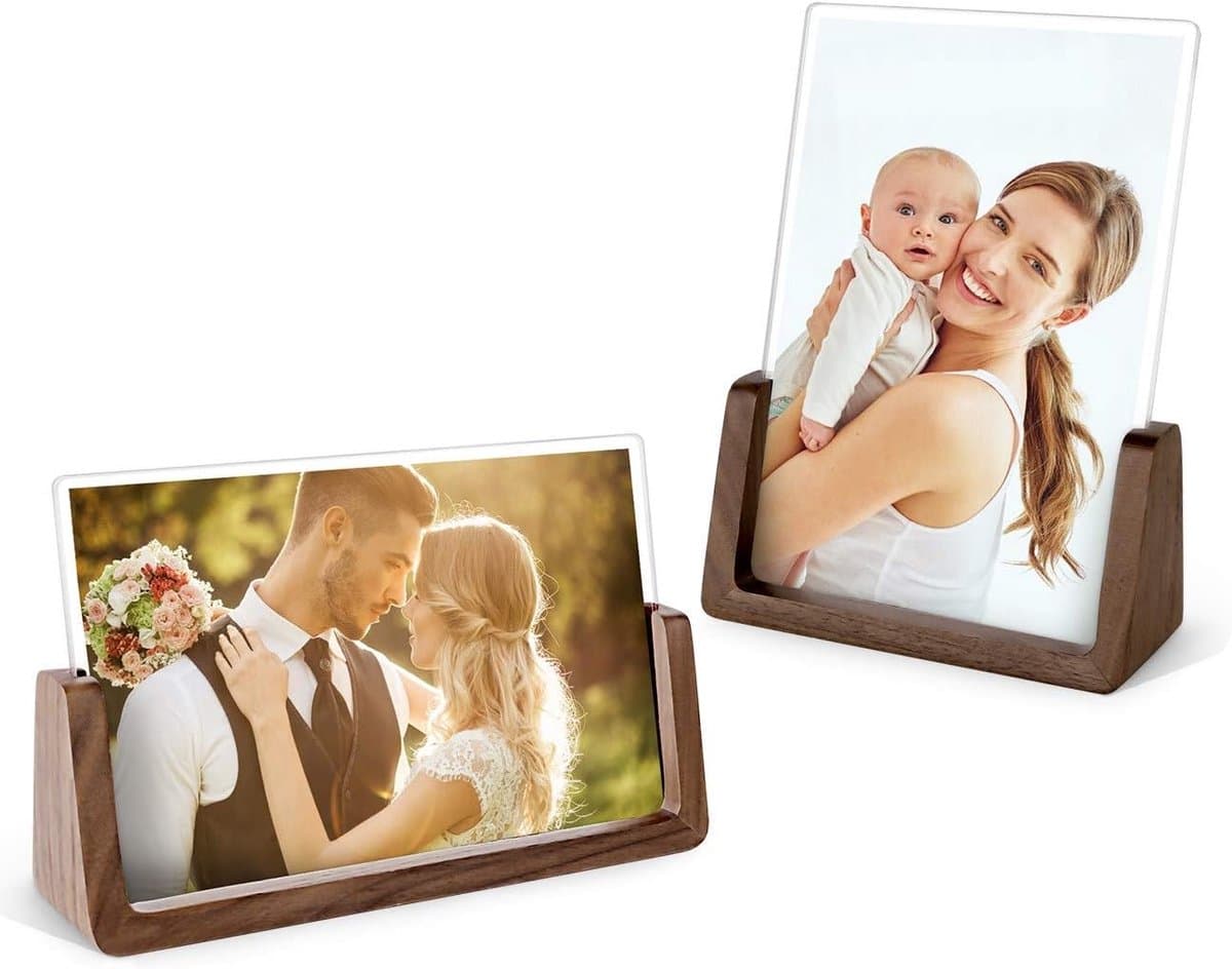 Fotolijst - Fotolijsten - Fotoalbum - U‑vormige Fotolijst van Walnoothout - Zwarte walnoot - Transparante acryl displaystandaard - Voor Foto's 10x15 cm, voor Thuis en Kantoor - 2 Stuks - Liggend + Staand
