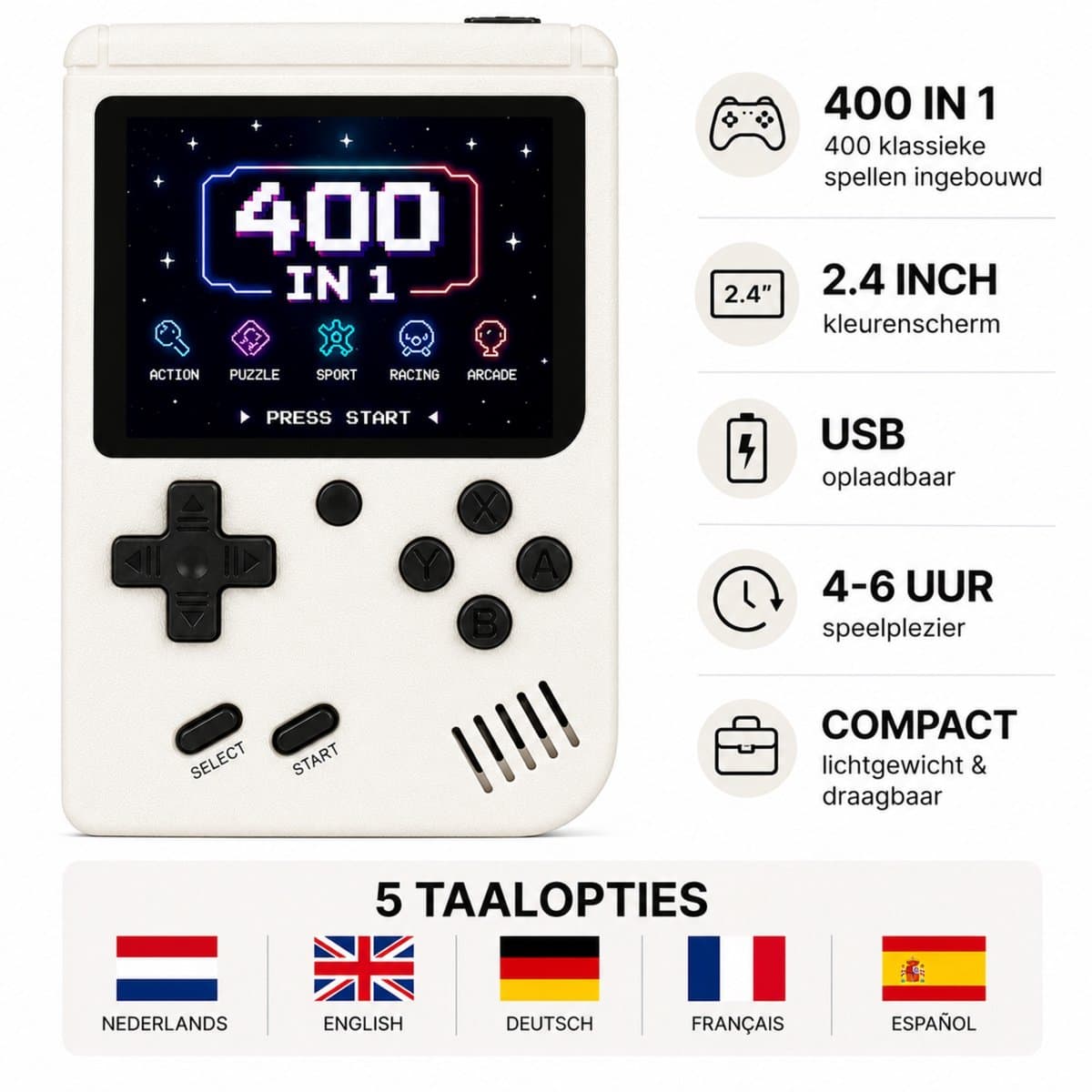Fivesquare Retro Handheld Game Console – 400 Games Mini Arcade Spelcomputer met 2.4’’ Kleurenscherm – USB Oplaadbaar, Compact Reisspel voor Auto & Vliegtuig – Cadeau voor Jongens/Meisjes & Retro Gamers, Witte