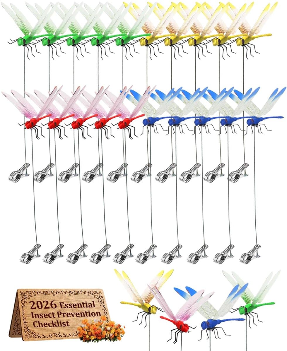 VONKELIOS®20 stuks libelle-clips als insectenwerende decoratie, 3D-tuindecoratie voor buiten, kunstmatige vlinders om insecten weg te houden, met metalen en bamboe stokken, decoratieve tuinornamenten, hoed, golf, bewegend (20 stuks)